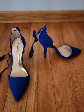 Brand New Qupid Cobalt Blue Pointed Toe Lace-Up Ankle Wrap Stiletto Heels 7